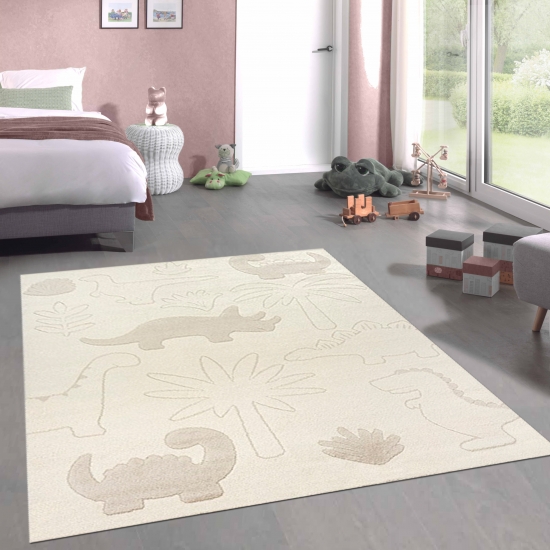 Kinderzimmerteppich Spielezimmer Dinosaurier- und Naturoptik in beige