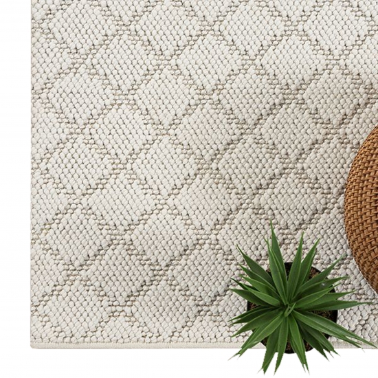 Wohnzimmerteppich flach mit geometrischem Rautenmuster in creme