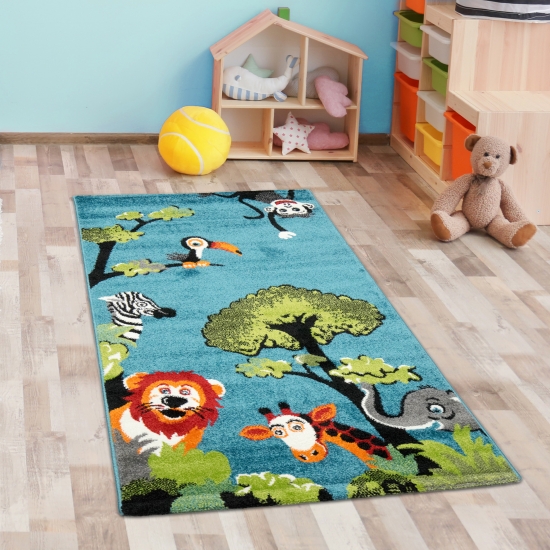 Waldtier-Teppich in Blau Ein gemütliches Highlight für das Kinderzimmer