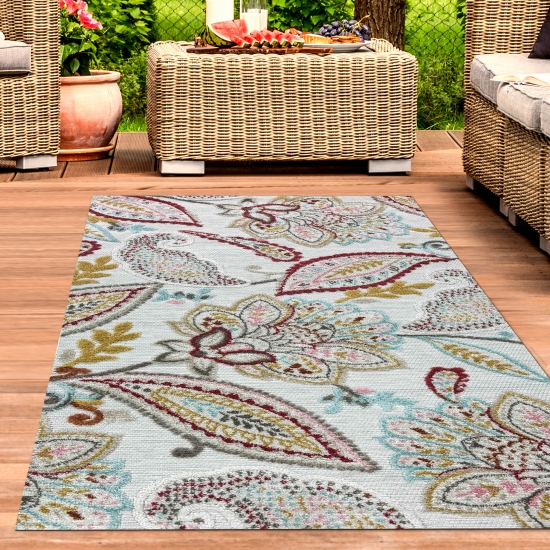 Teppich Outdoor Wohnzimmer Blumen Muster 3d-effekt creme grau bunt