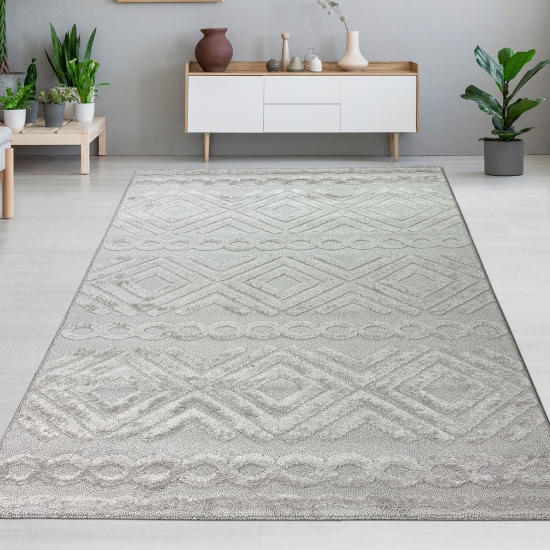 Hochflor Wohnzimmerteppich Boho Style mit Rautenmuster und Kreisen in Beige