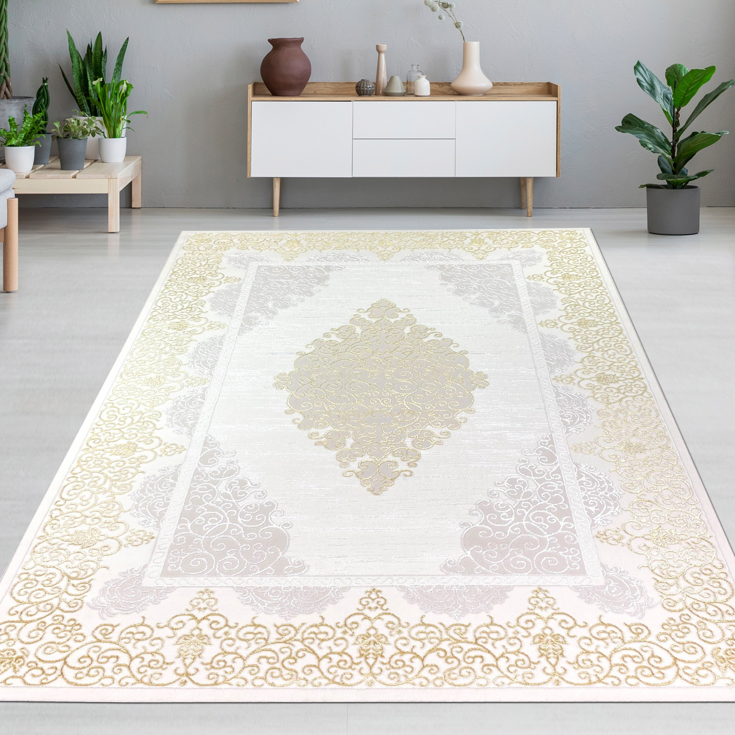 Teppich mit orientalischem Flair grau | luxuriös | CARPETIA | gold weiß