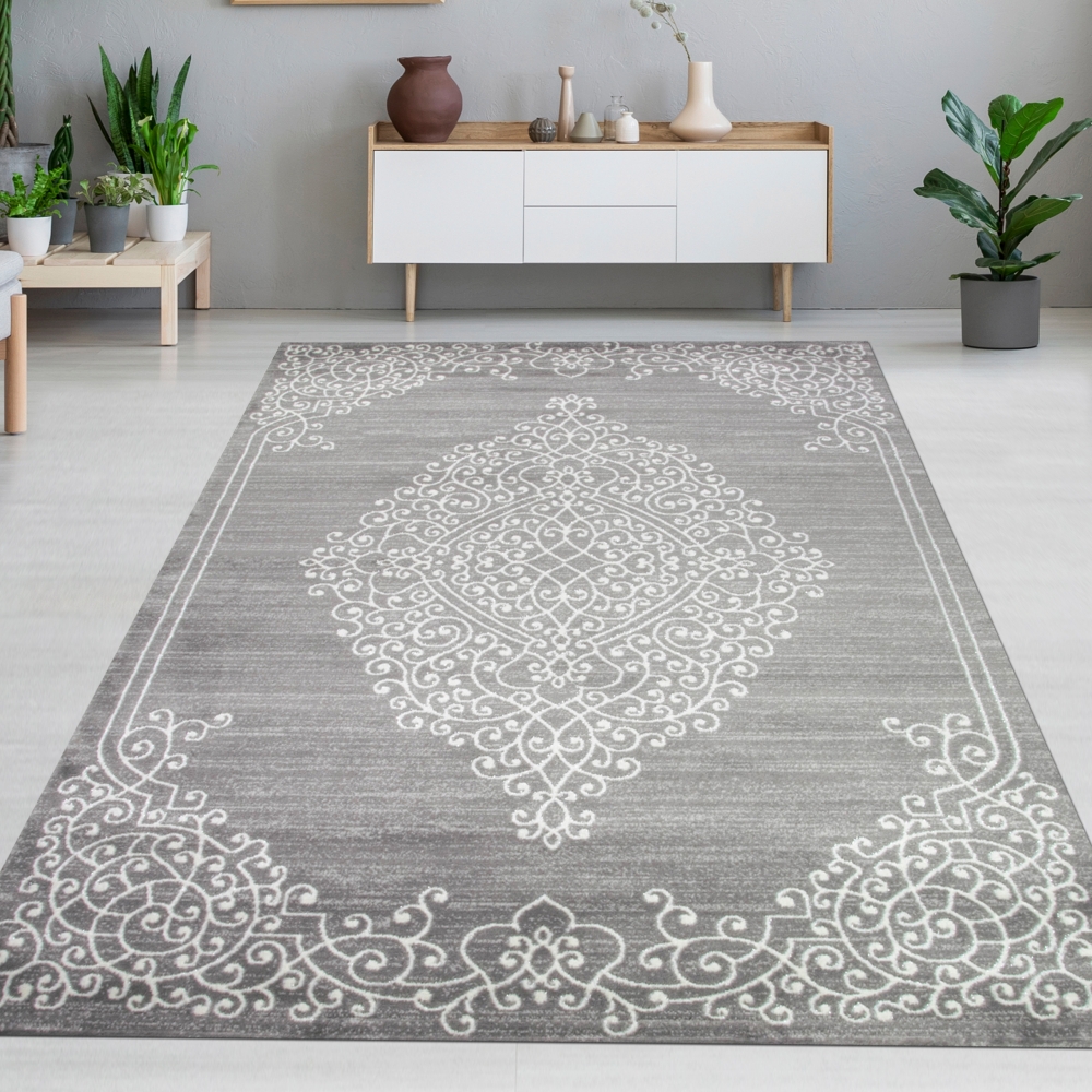 Teppich Wohnzimmerteppich Ornamente Design mit Glitzer grau