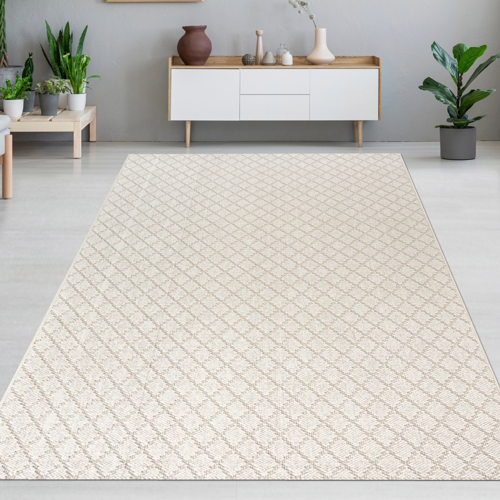 Wohnzimmerteppich flach mit geometrischem Rautenmuster in creme