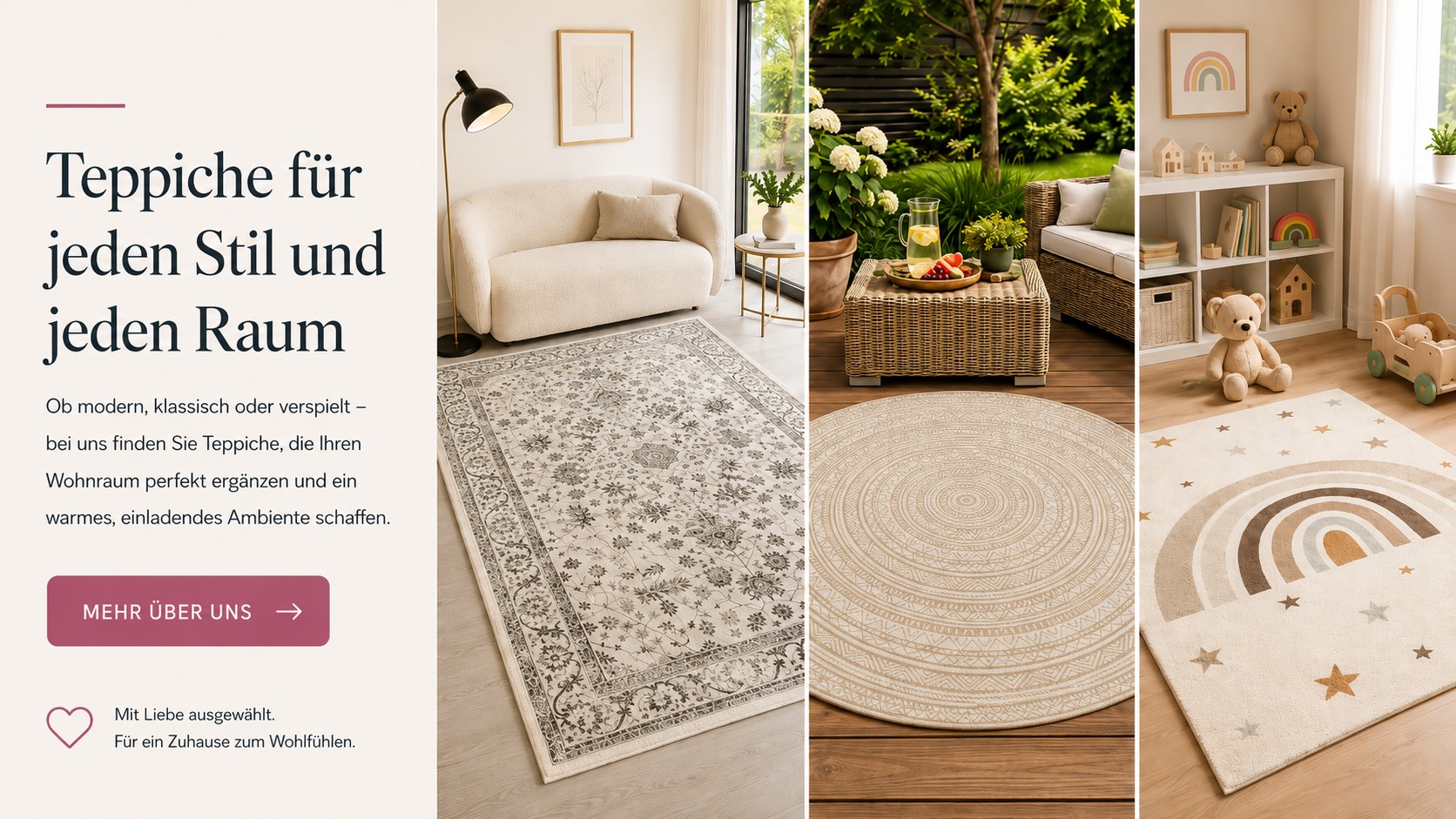 Teppiche für jeden Stil und jeden Raum entdecken Themenbanner mit Teppichen für Wohnzimmer, Outdoor, Kinderzimmer und Flur